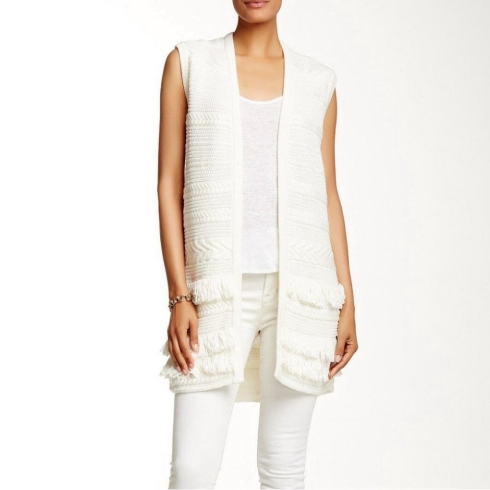 Vince Fringed Boho Cable Knit Vest Cardigan Off-White / Cream Color